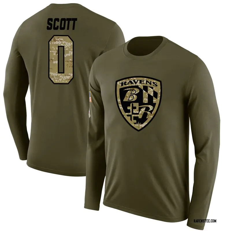 Men's Baltimore Ravens ＃0 Lucas Scott Olive Salute to Service Sideline Long Sleeve T-Shirt