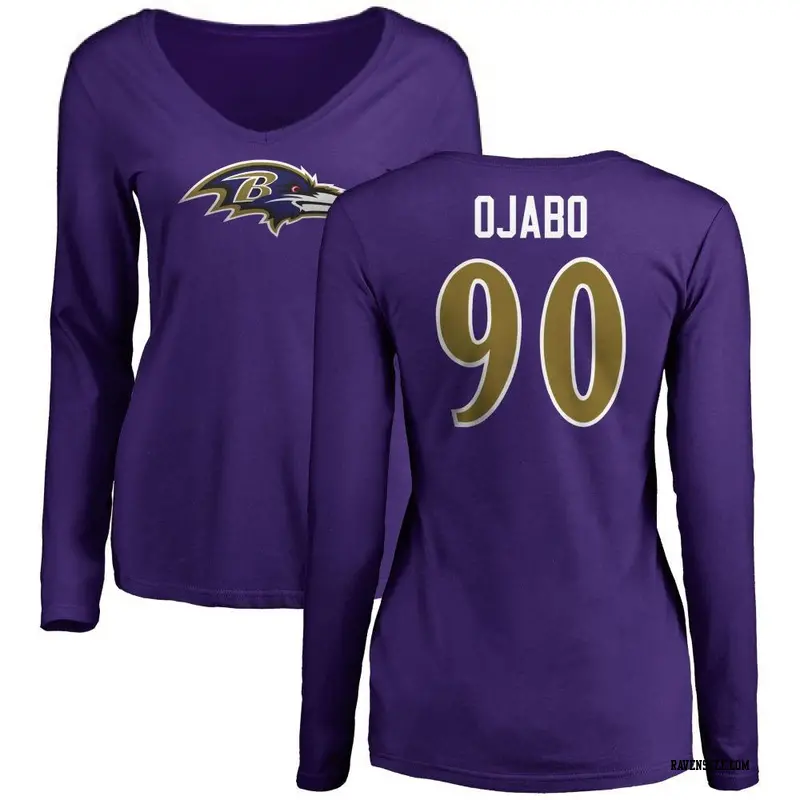 Women's Baltimore Ravens ＃90 David Ojabo Purple Name & Number Logo Long Sleeve T-Shirt